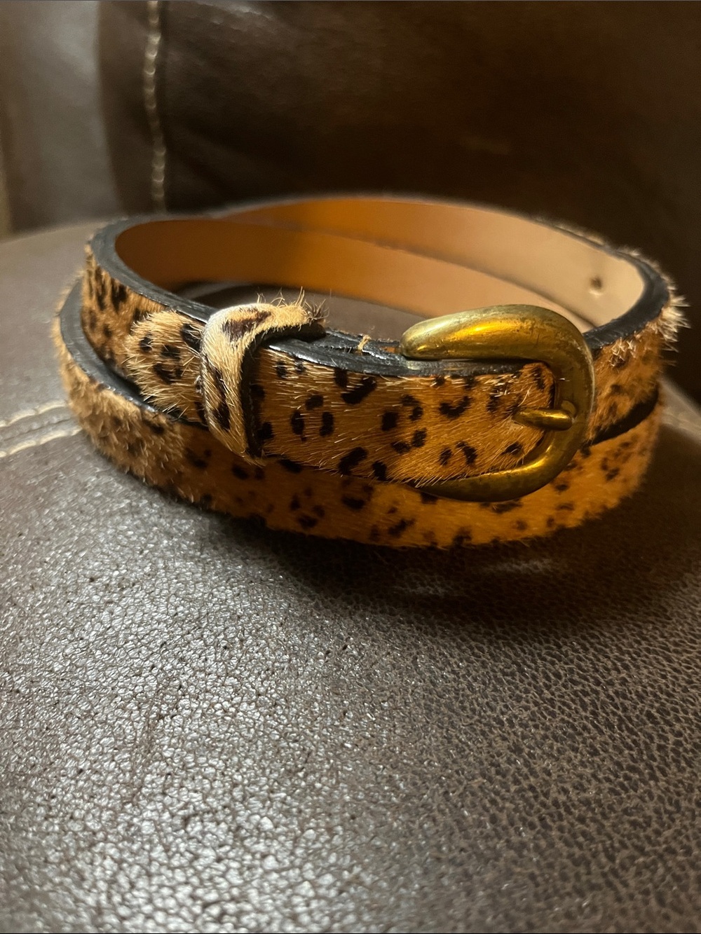Leopard Print Calf-Hair Leather Skinny Belt with Brass Buckle